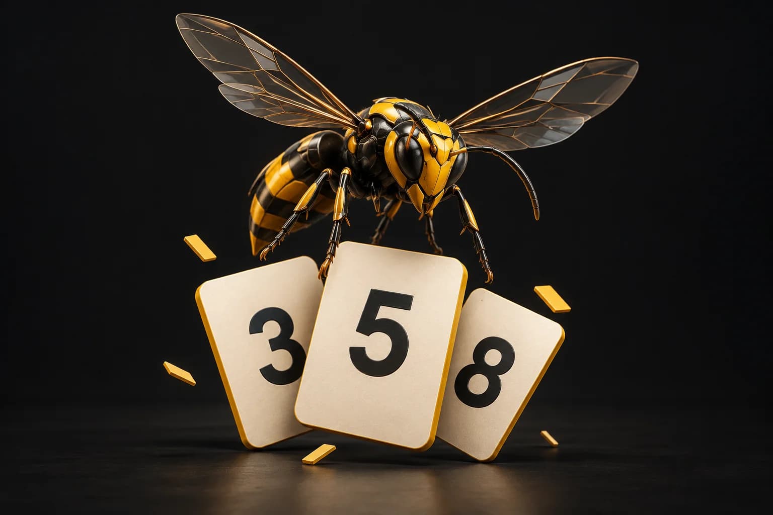 Hornet dourado sobre cartas de Planning Poker com os valores 3, 5 e 8