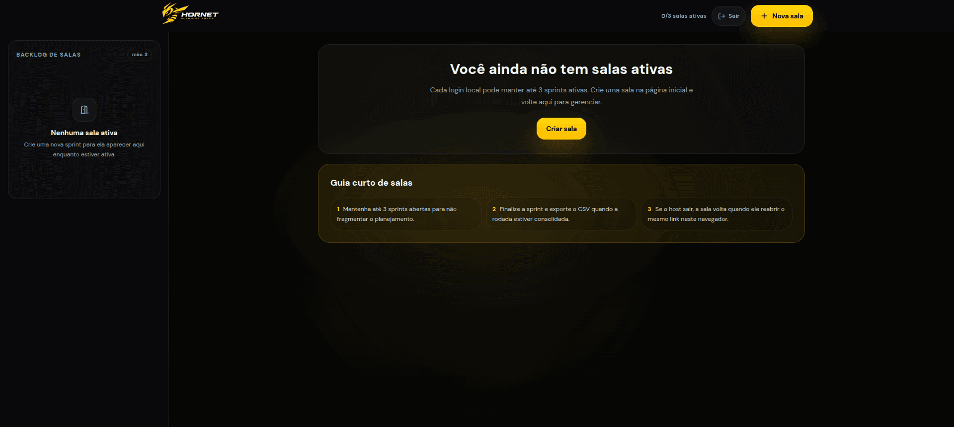 Tela real de gerenciamento de salas ativas do Hornet